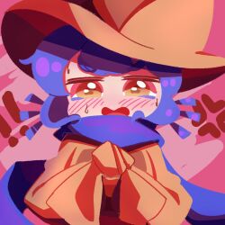 Rule 34 | !, 1other, androgynous, animal ears, blue hair, blue scarf, blush, brown hat, brown tunic, cat ears, hat, long sleeves, nervous, niko (oneshot), no lineart, oneshot (game), open mouth, pbj6541, scarf, solo, sweat, tears, whiskers