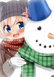 Rule 34 | 10s, 1girl, alternate costume, blonde hair, blue eyes, cacao (cacao0809), gloves, hat, highres, kantai collection, long hair, open mouth, ro-500 (kancolle), scarf, snowman, solo, winter clothes