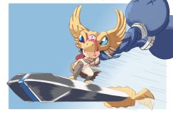Rule 34 | 1girl, blue hair, digimon, dragon ball, helmet, highres, long hair, minervamon, minervamon x-antibody, oversized object, parody, smile, surfing, sword, tongue, tongue out, very long hair, weapon, wings