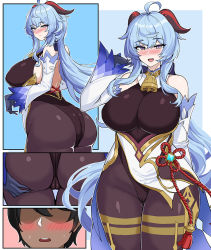 Rule 34 | 1boy, 1girl, ahoge, arched back, arm behind back, ass, bare shoulders, bell, black hair, black pantyhose, blue hair, blush, breasts, cameltoe, cowbell, dark-skinned male, dark skin, detached sleeves, from behind, ganyu (genshin impact), genshin impact, gloves, goat horns, hand up, hella p, horns, long hair, looking at viewer, no eyes, nose blush, open mouth, pantyhose, shaded face, sweat, tassel, teeth, thick thighs, thigh gap, thighs, upper teeth only, very long hair, vision (genshin impact), wide hips