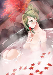 Rule 34 | 1girl, absurdres, akane (getwild23), autumn leaves, bathing, breasts, commentary request, dutch angle, folded ponytail, green eyes, green hair, highres, idolmaster, idolmaster shiny colors, knees up, large breasts, leaf, looking at viewer, maple leaf, nanakusa hazuki, nude, onsen, partially submerged, solo, steam, water, wet