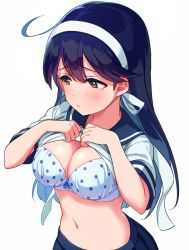 Rule 34 | 1girl, ahoge, asada hachi, bad id, bad twitter id, black hair, blush, bra, breasts, brown eyes, cleavage, clothes lift, commentary request, crying, crying with eyes open, embarrassed, hairband, kantai collection, lifted by self, long hair, looking away, medium breasts, navel, polka dot, polka dot bra, school uniform, serafuku, shirt lift, simple background, solo, tears, underwear, upper body, ushio (kancolle), ushio kai ni (kancolle), white background
