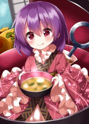 Rule 34 | 1girl, blush, bowl, closed mouth, food, frilled sleeves, frills, hair between eyes, highres, japanese clothes, kimono, long sleeves, looking at viewer, miracle mallet, miso soup, needle, pink kimono, purple hair, red eyes, ruu (tksymkw), short hair, smile, solo, sukuna shinmyoumaru, tongue, tongue out, touhou, wide sleeves