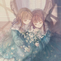 Rule 34 | 2girls, blonde hair, blue dress, bouquet, broken mirror, brown hair, closed mouth, commentary, dress, eyelashes, flower, flower request, frilled dress, frills, highres, holding, holding bouquet, hotatenshi, long hair, long sleeves, mirror, multiple girls, open mouth, original, puffy sleeves, shade, shattered, sidelocks, sitting, sunlight, white flower