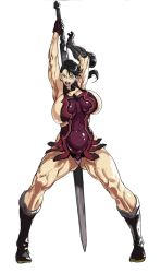Rule 34 | 00s, 1girl, black hair, boots, breasts, cattleya (queen&#039;s blade), cattleya (queen's blade), full body, glasses, gloves, huge breasts, huge weapon, mature female, muscular, muscular female, queen&#039;s blade, revealing clothes, shimizu aki, simple background, solo, standing, sword, weapon, weapon merchant cattleya, white background