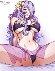 Rule 34 | 1girl, 2021, arm support, arms behind back, artist name, bare shoulders, bed sheet, bikini, black bra, black panties, blush, bra, breasts, breasts apart, camilla (fire emblem), camilla (summer) (fire emblem), collarbone, dated, female focus, fire emblem, fire emblem fates, fire emblem heroes, flower, hair flower, hair ornament, hair over one eye, large breasts, long hair, looking at viewer, mina cream, navel, nintendo, official alternate costume, panties, purple bikini, purple hair, red eyes, sarong, see-through, see-through skirt, simple background, skirt, solo, spread legs, stomach, swimsuit, underboob, underwear, white background