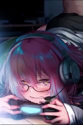 Rule 34 | 1boy, 1girl, animated, blush, clothed sex, doggystyle, fate/grand order, fate (series), glasses, harutoshi, headset, mash kyrielight, multitasking, playing games, playstation controller, purple eyes, purple hair, saliva, sex, sex from behind, sound, video, video game