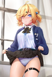 Rule 34 | 1girl, ahoge, belt, black bow, black nails, black skirt, blonde hair, blue eyes, blue sweater, blush, bow, breast press, breasts, cardigan, choker, closed mouth, clothes lift, collared shirt, commentary request, girls&#039; frontline, girls&#039; frontline neural cloud, hair ornament, hairclip, heterochromia, highres, ichi illust001, indoors, large breasts, lifting own clothes, looking at viewer, medium hair, nail polish, official alternate costume, open cardigan, open clothes, panties, pleated skirt, red eyes, rise (holidays tomorrow!) (neural cloud), rise (neural cloud), school uniform, shirt, shirt tucked in, skirt, skirt lift, solo, striped clothes, striped panties, sweatdrop, sweater, thigh strap, two side up, underwear, upper body, white shirt