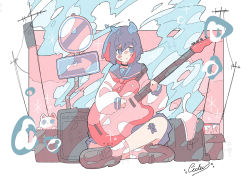 Rule 34 | 1girl, absurdres, black footwear, blue eyes, blue hair, blue sailor collar, blush, cat, guitar, haru57928031, highres, holding, holding instrument, instrument, limited palette, long sleeves, multicolored hair, neckerchief, original, pink hair, pink neckerchief, puffy long sleeves, puffy sleeves, sailor collar, shirt, shoes, short hair, sign, sitting, solo, speaker, two-tone hair, white cat, white shirt