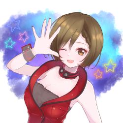 Rule 34 | 1girl, ;d, braid, breasts, brown eyes, brown hair, choker, cleavage, collarbone, highres, jacket, katorea, medium breasts, meiko (vocaloid), meiko (vocaloid3), nail polish, one eye closed, open mouth, red jacket, red nails, short hair, single braid, sleeveless, sleeveless jacket, smile, solo, upper body, vocaloid