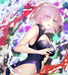 Rule 34 | 1girl, absurdres, ass, bare shoulders, black leotard, breasts, cleavage, cleavage cutout, clothing cutout, commentary request, eyes visible through hair, fate/grand order, fate (series), fingernails, hair over one eye, highres, itijo sibuki, large breasts, leotard, looking at viewer, mash kyrielight, pink hair, purple eyes, short hair, sleeveless, smile, solo, stomach cutout