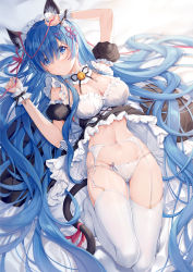 Rule 34 | 1girl, alternate costume, alternate hair length, alternate hairstyle, animal ears, apron, arm up, bad proportions, bell, black dress, black ribbon, blue eyes, blue hair, blush, bow, bow panties, breasts, cat ears, cat girl, cat tail, cleavage, clothes lift, commentary request, detached sleeves, dress, dress lift, eikaa, frilled dress, frills, garter belt, groin, hair ornament, hair ribbon, hand up, highres, jingle bell, kemonomimi mode, knee up, large breasts, long arms, long hair, long legs, looking at viewer, lying, maid, maid headdress, navel, neck ribbon, panties, panties over garter belt, pink ribbon, puffy short sleeves, puffy sleeves, re:zero kara hajimeru isekai seikatsu, rem (re:zero), ribbon, short sleeves, side-tie panties, skindentation, solo, tail, thighhighs, underwear, very long hair, waist apron, white panties, white thighhighs, x hair ornament