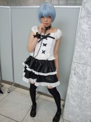 Rule 34 | 1girl, alternate costume, asian, ayanami rei, black footwear, black skirt, black thighhighs, blue hair, breasts, collar, color contacts, cosplay, frilled skirt, frills, full body, goth fashion, indoors, lace, leash, looking at viewer, makeup, mascara, miniskirt, namada, neon genesis evangelion, photo (medium), red eyes, short hair, skirt, small breasts, solo, standing, thighhighs, zettai ryouiki