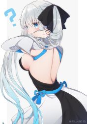 Rule 34 | 1girl, ?, back, backless dress, backless outfit, black dress, black ribbon, blue eyes, blue hair, blush, breasts, commentary request, dress, fate/grand order, fate (series), from behind, gradient hair, grey hair, hair ribbon, hand in own hair, highres, large breasts, long hair, looking at viewer, morgan le fay (fate), multicolored hair, ponytail, re re9315, ribbon, sideboob, solo, twitter username, two-tone dress, very long hair, white dress, white sleeves