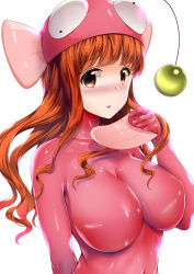 Rule 34 | 10s, 1girl, amasora taichi, anglerfish, anglerfish costume, arms behind back, blush, bodysuit, breasts, brown eyes, brown hair, commentary request, covered navel, fish, fish costume, girls und panzer, hand up, highres, large breasts, long hair, nose blush, open mouth, pink bodysuit, shiny clothes, simple background, skin tight, solo, takebe saori, upper body, white background