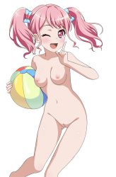 Rule 34 | 1girl, ball, bang dream!, beachball, blush, breasts, cleft of venus, highres, long hair, maruyama aya, navel, nipples, nude filter, one eye closed, pink eyes, pink hair, pussy, small breasts, smile, third-party edit, transparent background, twintails, wink