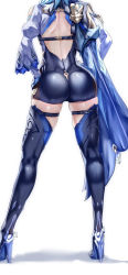 Rule 34 | 1girl, ass, ass focus, back, back cutout, blue capelet, blue hair, bodysuit, boots, capelet, clothing cutout, eula (genshin impact), facing away, genshin impact, hand on own hip, head out of frame, high heels, highres, hip focus, huge ass, leotard, shiny clothes, shiny skin, skindentation, solo, standing, thigh boots, thigh strap, thighhighs, uenoryoma