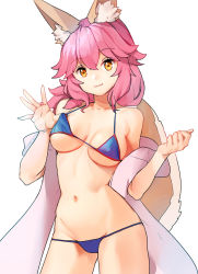 Rule 34 | 1girl, :3, animal ear fluff, animal ears, bare shoulders, bikini, blue bikini, breasts, commentary request, cowboy shot, fate/grand order, fate (series), female focus, fox ears, fox tail, hair between eyes, halterneck, long hair, looking at viewer, medium breasts, navel, pink hair, shovelwell, simple background, solo, swimsuit, tail, tamamo (fate), tamamo no mae (fate/extra), tamamo no mae (swimsuit lancer) (fate), unfinished, white background