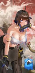 Rule 34 | 1girl, absurdres, adjustable wrench, ahoge, arknights, bent over, black gloves, black hair, blue eyes, breasts, cleavage, closed mouth, collarbone, commentary, crop top, earrings, eunectes (arknights), eunectes (forgemaster) (arknights), gloves, high priest (arknights), highres, holding, holding screwdriver, jewelry, kobayashi (jna x rgh), large breasts, looking at viewer, navel, official alternate costume, pointy ears, rhodes island logo (arknights), screwdriver, see-through, snake tail, sweat, tail, torn clothes, wrench