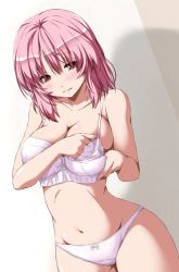 Rule 34 | 1girl, adjusting bra, adjusting clothes, bare arms, bare shoulders, blush, bra, breasts, cleavage, closed mouth, collarbone, cowboy shot, dutch angle, frown, groin, large breasts, looking at viewer, navel, nori tamago, panties, pink bra, pink hair, pink panties, saigyouji yuyuko, short hair, solo, standing, stomach, touhou, underwear, underwear only