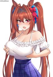 Rule 34 | 1girl, absurdres, animal ears, bad id, bad pixiv id, bare shoulders, blue skirt, blush, bow, breast hold, breasts, brown hair, cleavage, collarbone, daiwa scarlet (umamusume), dootmoon, frills, hair bow, hair intakes, highres, horse ears, horse girl, large breasts, long hair, looking at viewer, off shoulder, open mouth, puffy short sleeves, puffy sleeves, red bow, red eyes, shirt, short sleeves, skirt, solo, tiara, twintails, umamusume, very long hair, white shirt