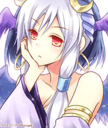Rule 34 | 1girl, :&lt;, armlet, bad id, bad pixiv id, bare shoulders, blue hair, breasts, ceres (p&amp;d), head rest, chisa, cleavage, collarbone, crescent, dated, detached sleeves, earrings, elbow rest, evil ceres (p&amp;d), hair ornament, hair tubes, head wings, hoop earrings, jewelry, long hair, long sleeves, lots of jewelry, medium breasts, multicolored hair, puzzle &amp; dragons, red eyes, solo, twitter username, two-tone hair, upper body, white hair, wings