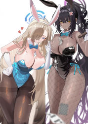 Rule 34 | 2girls, absurdres, anger vein, animal ears, asuna (blue archive), asuna (bunny) (blue archive), banknote, between breasts, black hair, black pantyhose, blonde hair, blue archive, blue eyes, bow, bowtie, breasts, card, cleavage, cup, dark-skinned female, dark skin, detached collar, dollar bill, drinking glass, artistic error, fake animal ears, fishnet pantyhose, fishnets, gloves, grin, hair over one eye, halo, hand on own hip, heart, highres, karin (blue archive), karin (bunny) (blue archive), leotard, long hair, looking at viewer, money, multiple girls, pantyhose, playboy bunny, playing card, ponytail, rabbit ears, rima (0136), simple background, smile, thighband pantyhose, white background, white gloves, wine glass, wrong hand, yellow eyes