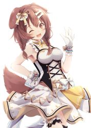 Rule 34 | 1girl, animal ears, armpits, back bow, blurry, blush, bone hair ornament, bow, braid, breasts, brown eyes, brown hair, cleavage, dog ears, dog girl, dog tail, fang, garter straps, gloves, hair between eyes, hair ornament, hand on own hip, hand up, heart, highres, hololive, inugami korone, long hair, looking at viewer, medium breasts, minazuki mizu, official alternate costume, one eye closed, open mouth, sidelocks, simple background, skirt, sleeveless, solo, tail, twin braids, virtual youtuber, white background, white gloves, white skirt