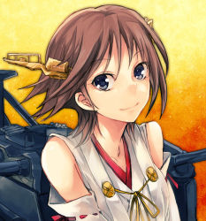 Rule 34 | 10s, 1girl, ang, bare shoulders, blue eyes, brown hair, collarbone, detached sleeves, headgear, hiei (kancolle), kantai collection, looking at viewer, machinery, nontraditional miko, short hair, smile, solo, turret, upper body