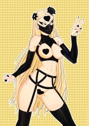 Rule 34 | 1girl, abs, bad id, bad pixiv id, black flower, black gloves, black nails, black rose, black sclera, blonde hair, bondage outfit, breastless clothes, breasts, bridal gauntlets, clenched hand, colored sclera, constricted pupils, covered mouth, cowboy shot, crop top, earrings, elbow gloves, flower, garter belt, garter straps, gas mask, gloves, hair flower, hair ornament, halterneck, halterneck, heart, heart background, heart maebari, heart pasties, highres, jewelry, kaijin hime do-s, large breasts, long hair, looking at viewer, maebari, mask, meetworp, mouth mask, nail polish, narrow waist, navel, ninja mask, one-punch man, pasties, respirator, revealing clothes, rose, solo, standing, thighhighs, v, very long hair