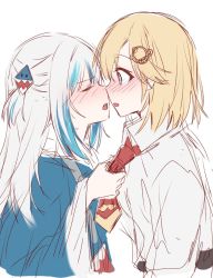 Rule 34 | 2girls, blonde hair, blue hair, blush, closed eyes, commentary, english commentary, gawr gura, hair ornament, highres, hololive, hololive english, imminent kiss, medium hair, misaki d3su, multicolored hair, multiple girls, necktie, necktie grab, neckwear grab, open mouth, parted lips, shark hair ornament, sharp teeth, short hair, silver hair, simple background, streaked hair, teeth, upper teeth only, virtual youtuber, watson amelia, white background, yuri