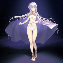 Rule 34 | 1girl, absurdres, aikura chihiro, alternate costume, bare shoulders, bikini, breasts, cape, fire emblem, fire emblem: genealogy of the holy war, gluteal fold, highres, julia (fire emblem), long hair, looking at viewer, nintendo, open mouth, purple cape, purple eyes, purple hair, sandals, simple background, small breasts, solo, swimsuit, underwear, white bikini