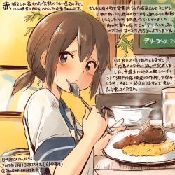 Rule 34 | 10s, 1girl, blue eyes, blue sailor collar, brown hair, colored pencil (medium), cup, curry, curry rice, dated, drinking glass, food, fubuki (kancolle), hair between eyes, holding, holding spoon, kantai collection, kirisawa juuzou, numbered, rice, sailor collar, school uniform, serafuku, short hair, short ponytail, short sleeves, smile, solo, spoon, traditional media, twitter username, utensil in mouth