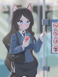 Rule 34 | 1girl, absurdres, aina (mao lian), animal ear fluff, animal ears, black choker, black necktie, black skirt, blue eyes, blush, bright pupils, brown hair, brown thighhighs, bus interior, business suit, cat ears, cat tail, cellphone, choker, closed mouth, cowboy shot, formal, highres, holding, holding phone, long hair, looking at phone, mao lian (nekokao), miniskirt, necktie, original, pencil skirt, phone, skirt, smartphone, smile, solo, standing, suit, tail, thighhighs, white pupils