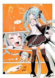 Rule 34 | ..., 1girl, :d, ^ ^, arms behind back, black sleeves, blue eyes, blue hair, boots, border, closed eyes, commentary, detached sleeves, ear piercing, earrings, eyebrows hidden by hair, grey shirt, hair intakes, hatsune miku, highres, jewelry, kawamitsu, laughing, long hair, looking at viewer, looking back, musical note, necktie, number tattoo, o o, open mouth, orange background, piercing, shirt, sketch background, smile, spoken ellipsis, spoken musical note, stud earrings, tattoo, thigh boots, twintails, very long hair, vocaloid, white border