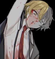Rule 34 | 1boy, black coat, blonde hair, blood, blood on face, coat, highres, limbus company, long sleeves, male focus, mu46016419, necktie, parted lips, partially colored, project moon, red necktie, shirt, sinclair (project moon), solo, suspenders, tears, white shirt, yellow eyes