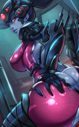 Rule 34 | 1girl, ass, ass grab, blizzard (company), blue hair, breasts, butt crack, colored skin, game, gloves, huge ass, huge breasts, looking back, overwatch, overwatch 1, purple skin, reiquintero, solo, visor, widowmaker (overwatch), yellow eyes