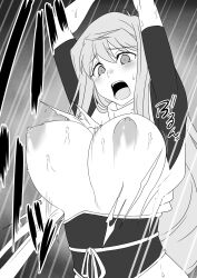 Rule 34 | 1girl, :o, arms up, assisted exposure, bodysuit, bouncing breasts, breasts, breasts out, empty eyes, greyscale, highres, hiiragi akao, jinki, large breasts, long hair, monochrome, motion lines, nipples, open mouth, restrained, solo, surprised, sweat, torn clothes, upper body, wide-eyed, yamada hatsune