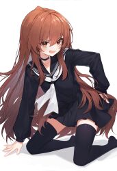Rule 34 | 1girl, absurdres, aisaka taiga, arm support, black serafuku, black skirt, black thighhighs, blush, brown eyes, brown hair, choker, collarbone, commentary request, fang, full body, highres, kneeling, leaning to the side, lo-ta, long hair, long sleeves, looking at viewer, neckerchief, open mouth, pleated skirt, revision, sailor collar, school uniform, serafuku, shadow, sidelocks, skirt, solo, thighhighs, toradora!, white background, white neckerchief, zettai ryouiki