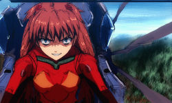 Rule 34 | 1girl, blue eyes, blue sky, bodysuit, breasts, brown hair, clenched teeth, cockpit, crazy grin, day, evil grin, evil smile, forest, grin, headgear, looking at viewer, nature, neon genesis evangelion, plugsuit, skin tight, sky, small breasts, smile, souryuu asuka langley, teeth, tree, upper body