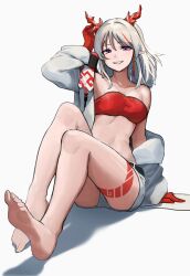 Rule 34 | 1girl, absurdres, arknights, bandeau, bare legs, bare shoulders, barefoot, commentary request, grey background, grin, highres, horns, jacket, knees up, long sleeves, looking at viewer, midriff, multicolored hair, natoriusu sansei, nian (arknights), off shoulder, pointy ears, purple eyes, red hair, short shorts, shorts, simple background, sitting, smile, solo, stomach, strapless, streaked hair, thighs, tube top, white hair, white jacket, white shorts