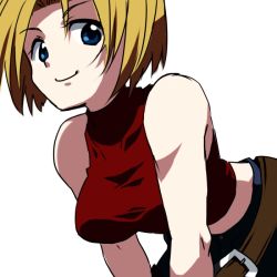Rule 34 | 1girl, bare shoulders, belt, belt buckle, blonde hair, blue eyes, blue mary, breasts, buckle, closed mouth, fatal fury, looking at viewer, midriff, navel, san-pon, short hair, simple background, solo, the king of fighters, white background