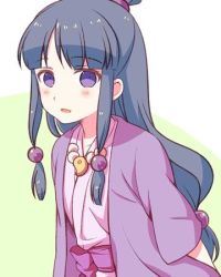 Rule 34 | 1girl, ace attorney, black hair, blush, hair ornament, half updo, japanese clothes, jewelry, kimono, long hair, looking at viewer, lowres, magatama, maya fey, necklace, open mouth, purple eyes, sensaki chihiro, simple background, solo