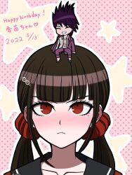 Rule 34 | 1boy, 1girl, black sailor collar, blunt bangs, brown hair, chibi, chibi inset, closed eyes, collarbone, danganronpa (series), danganronpa v3: killing harmony, dated, earrings, facial hair, frown, goatee, grin, hair ornament, hair scrunchie, hairclip, happy birthday, harukawa maki, heart, highres, jacket, jewelry, long hair, looking up, low twintails, momota kaito, open clothes, open jacket, open shirt, pants, pink jacket, pink pants, portrait, print shirt, red scrunchie, sailor collar, scrunchie, shirt, sitting, sitting on head, sitting on person, smile, star (symbol), suiren yurei, teeth, translation request, twintails