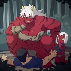 Rule 34 | 1boy, 2girls, bad id, barefoot, breasts, child, cleavage, colored skin, feet, girl on top, grin, horns, kneeling, large breasts, loincloth, long hair, monster girl, mother and daughter, multiple girls, muscular, muscular female, nature, navel, oni, oni horns, original, outdoors, pointy ears, red oni, red skin, ryanpei, smile, squatting, strapless, toes, towering, tree, tube top, white hair, yellow eyes