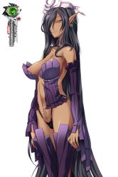 Rule 34 | 1girl, bare shoulders, black hair, boots, breasts, cape, closed mouth, dark-skinned female, dark elf, dark skin, elf, eyebrows, feet out of frame, female focus, fingernails, hair over one eye, high heels, highleg, hikage eiji, kuroinu ~kedakaki seijo wa hakudaku ni somaru~, large breasts, legs together, liquid (company), long hair, long pointy ears, looking at viewer, navel, nexton, no bra, olga discordia, pointy ears, pubic tattoo, queen, revealing clothes, simple background, solo, staff, standing, tattoo, thigh boots, thighhighs, transparent background, very long hair, white background, yellow eyes