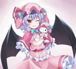 Rule 34 | 1girl, bat wings, black wings, buttons, capelet, collared shirt, cowboy shot, crossed arms, doll, dress shirt, fang, frilled capelet, frilled shirt, frilled skirt, frills, gradient background, hair between eyes, hat, hat ribbon, highres, holding, holding doll, lolita fashion, looking at viewer, mob cap, my melody, one eye closed, onegai my melody, open mouth, pink headwear, pink shirt, pink skirt, puffy short sleeves, puffy sleeves, purple hair, red capelet, red eyes, remilia scarlet, ribbon, s vileblood, sanrio, shirt, short hair, short sleeves, skirt, sweet lolita, touhou, wings, wrist cuffs