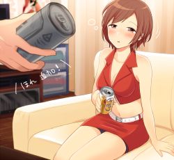 Rule 34 | 1girl, alcohol, beer can, blush, breasts, brown eyes, brown hair, can, cleavage, collarbone, couch, drink, drink can, drunk, half-closed eyes, holding, indoors, looking at viewer, meiko (vocaloid), midriff, navel, nokuhashi, room, sitting, skirt, sleeveless, solo focus, text focus, vocaloid