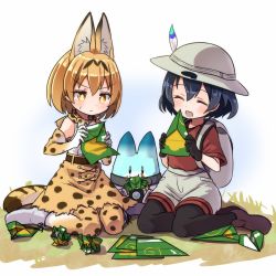 Rule 34 | 10s, 2girls, animal ears, backpack, bag, black legwear, bow, bowtie, bucket hat, crab, cross-laced clothes, elbow gloves, feathers, gloves, hat, hat feather, high-waist skirt, kaban (kemono friends), kemono friends, lucky beast (kemono friends), multiple girls, open mouth, pantyhose, pantyhose under shorts, paper airplane, robot, serval (kemono friends), serval tail, shipii (jigglypuff), shirt, short hair, shorts, sitting, skirt, sleeveless, sleeveless shirt, tail, thighhighs, wariza, yellow eyes