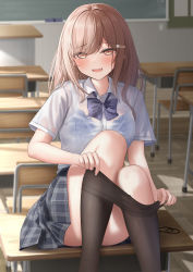 Rule 34 | 1girl, black skirt, blue bow, blue bowtie, blue bra, blush, bow, bowtie, bra, bra visible through clothes, breasts, brown eyes, brown hair, classroom, collared shirt, commentary request, desk, hair ornament, hairclip, highres, indoors, large breasts, long hair, looking at viewer, monaka curl, on desk, original, parted lips, school uniform, shirt, short sleeves, sitting, on desk, skirt, smile, solo, thighs, tooth, underwear, wet, wet clothes, white shirt